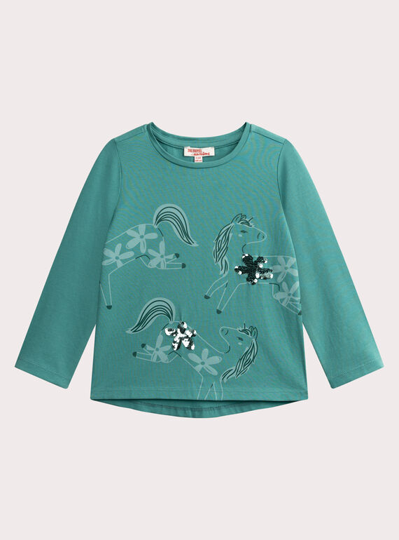 Camiseta turquesa con estampado de caballo para niña  VAJOYTEE5 / 24W901I1TML215