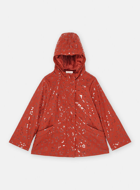 Impermeable con capucha de color rojo teja con estampado de pantera con brillo SARAINIMPER / 23W901C1IMPI806