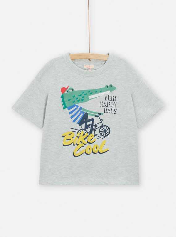 Camiseta de color gris jaspeado con estampado de cocodrilo y bicicleta para niño TOCLUTI5 / 24S902O1TMCJ920