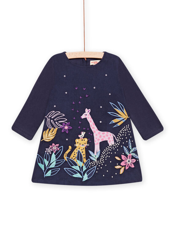 Vestido azul marino de terciopelo con estampado de la sabana bordada para bebé niña MIPLAROB1 / 21WG09O3ROBC202