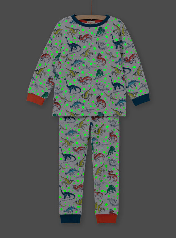 Pijama de color gris jaspeado fosforescente con estampado de dinosaurio para niño MEGOPYJAOP / 21WH1282PYJJ922