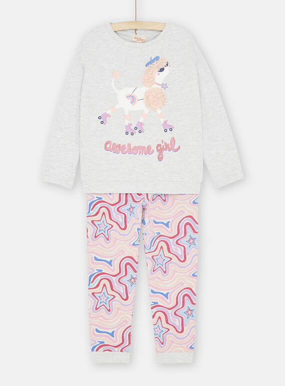 Pijama de color gris jaspeado y rosa con estampado de perro en patines para niña 