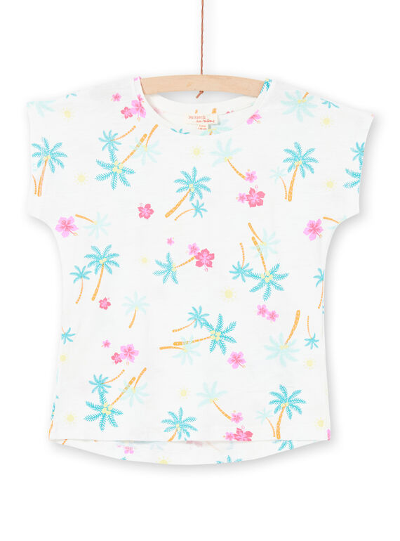 Camiseta blanca y azul con estampado de palmeras y flores para niña LAJOTI7 / 21S901F1D31001