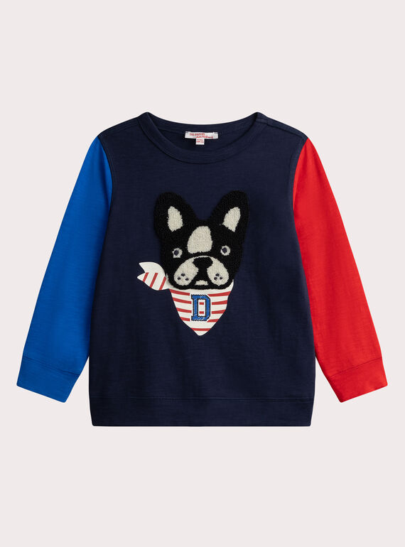 Camiseta de manga larga de azul oscuro con dibujo de perro WOKATEE3 / 25S90232TMLC243
