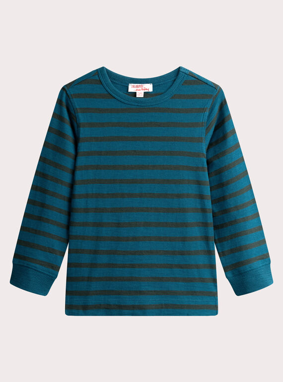Camiseta turquesa oscura con rayas verdes para niño  VOJOTIRIB5 / 24W902I4TMLC235