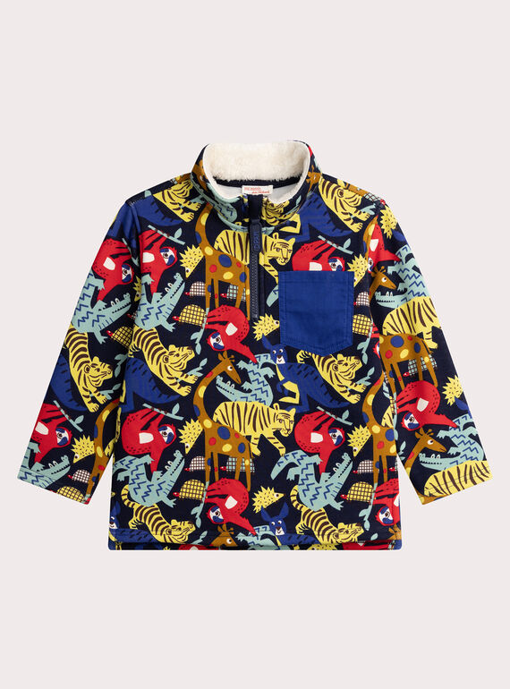 Sudadera azul marino forrado cálido con estampado de la selva para niño  VOROSWE / 24W902P1SWE705