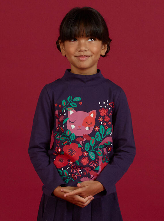 Jersey fino violeta de cuello vuelto con estampado de fantasía para niña MAFUNSOUP / 21W901M1SPLH703