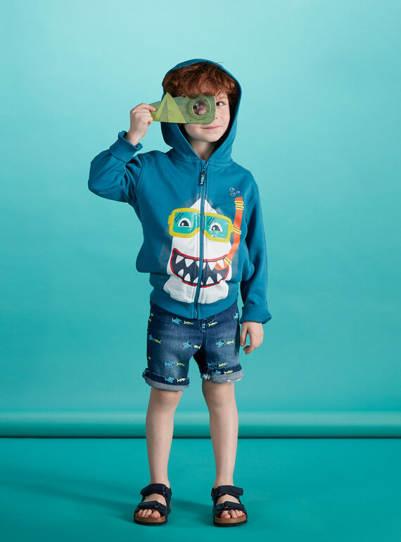 Cárdigan de muletón de color turquesa oscuro con cabeza de tiburón para niño JOBOGIL / 20S902H1GILC219