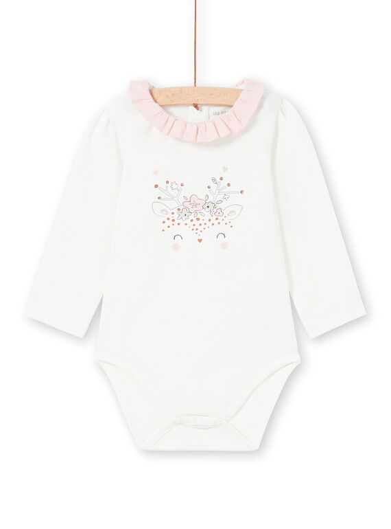 Body de manga larga de color crudo con estampado y cuello avolantado para bebé niña MOU1BOD4 / 21WF0341BOD001