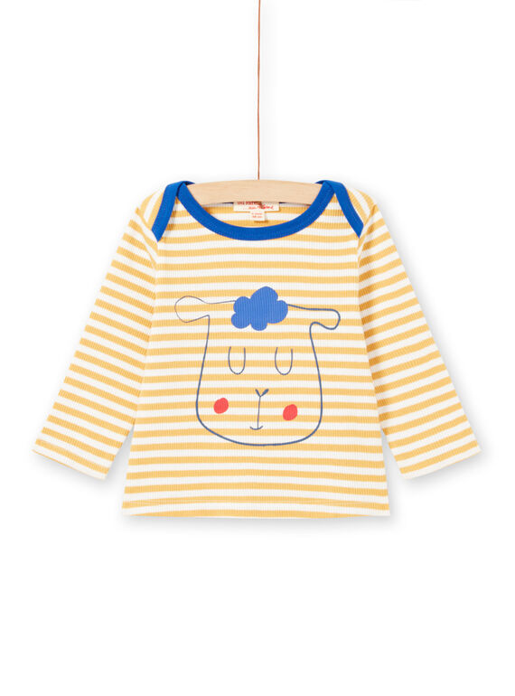 Camiseta de manga larga de rayas de color amarillo y blanco con estampado de oveja para bebé niño MUJOTEE1 / 21WG1022TML117
