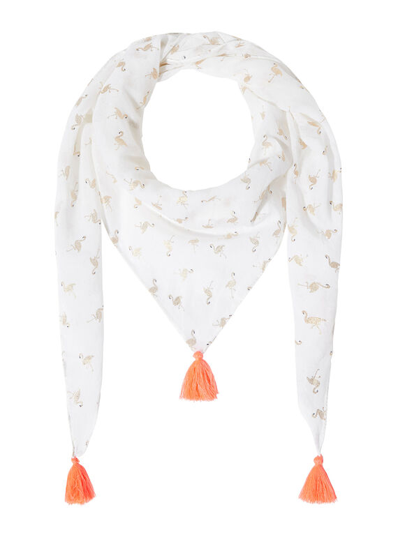 Pañuelo de color blanco con flamenco con brillo dorado y borlas rosas para niña JYAPOEFOUL / 20SI01G1FOU000