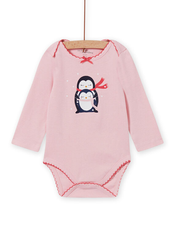 Body de manga larga de color rosa jaspeado con estampado de pingüinos para bebé niña MEFIBODNEI / 21WH13C2BDLD314